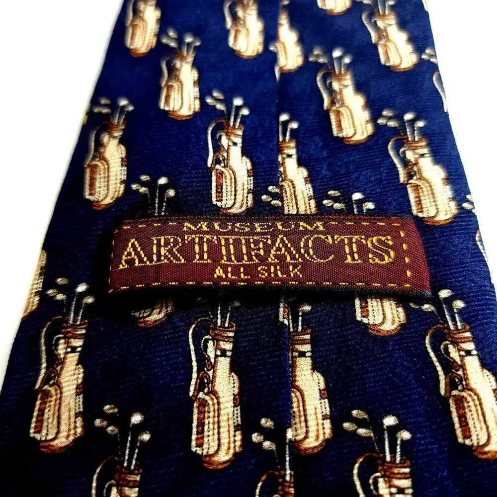 Museum Artifacts Blue‎ Golf Caddy Bag Print Wide Silk Tie